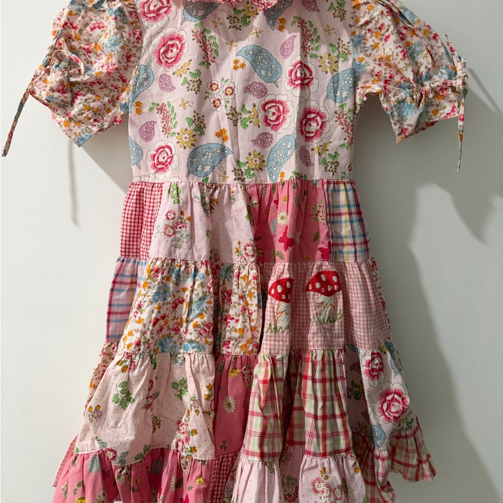 Girls Peter Pan Collar Pink Floral Patchwork Tiered Dress with Mushroom Accent